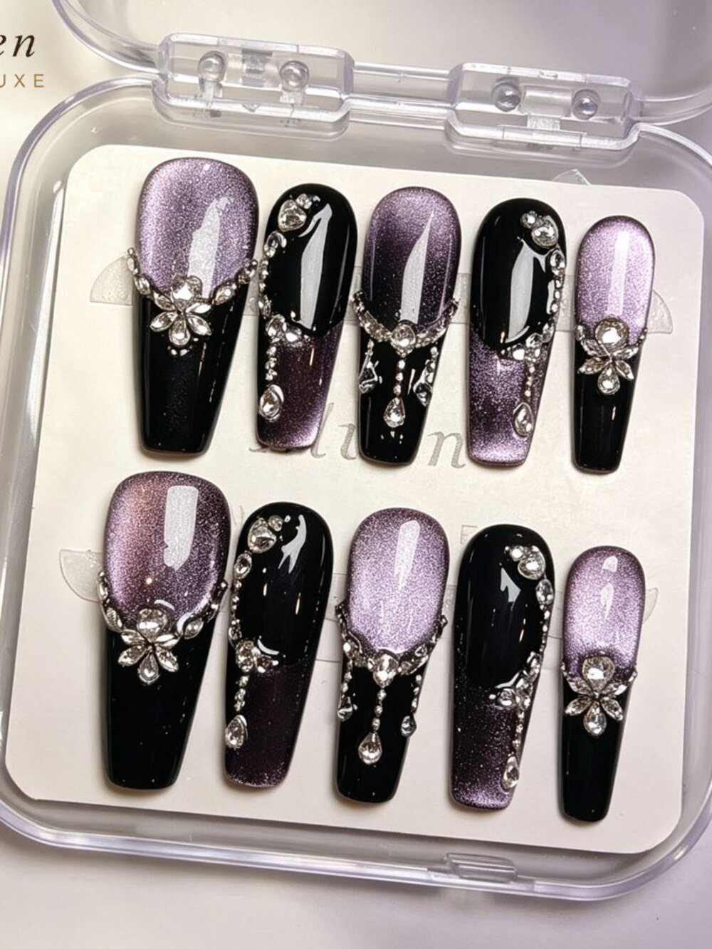 Purple & Black Cat Eye Handmade Press On Nails With Rhinestone Long Coffin